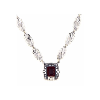 Art Deco Style Genuine Red Garnet with 18 Inch Filigree Necklace Sterling Silver - FN-49-G