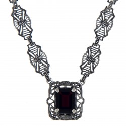 Art Deco Style Genuine Red Garnet with 18 Inch Filigree Necklace Sterling Silver