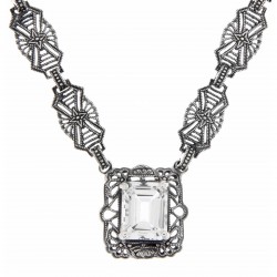 Art Deco Style Genuine White Topaz w/ 18 Inch Filigree Necklace Sterling Silver