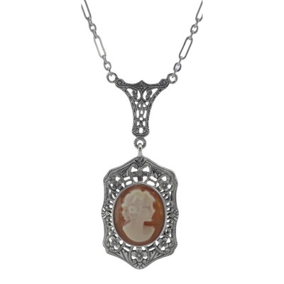 Hand Carved Italian Shell Cameo Filigree Necklace - Sterling Silver - FN-69-SH