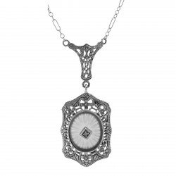 Art Deco Style Sunray Crystal Diamond Pendant and Chain - Sterling Silver