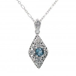 Art Deco Style London Blue Topaz Filigree Pendant with Chain - Sterling Silver