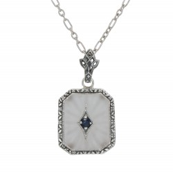 Antique Style Camphor Glass Pendant with Blue Sapphire Center Sterling Silver Antique Style Camphor Glass Pendant with Blue Sapphire Center Sterling Silver