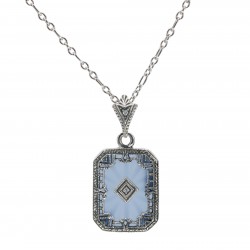 Art Deco Style Filigree Pendant Blue Pressed Glass Crystal Diamond Accents Sterling Silver