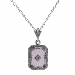Art Deco Style Filigree Pendant Pink Pressed Glass Crystal Diamond Accents Sterling Silver Art Deco Style Filigree Pendant Pink Pressed Glass Crystal Diamond Accents Sterling Silver
