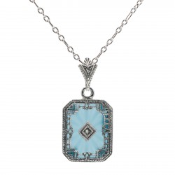 Art Deco Style Filigree Pendant Teal Pressed Glass Crystal Diamond Accents Sterling Silver Art Deco Style Filigree Pendant Teal Pressed Glass Crystal Diamond Accents Sterling Silver