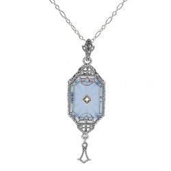 Art Deco Style Blue Sunray Crystal Dangle Filigree Pendant Diamond Accent Sterling Silver