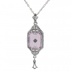 Art Deco Style Pink Sunray Crystal Dangle Filigree Pendant Diamond Accent Sterling Silver Art Deco Style Pink Sunray Crystal Dangle Filigree Pendant Diamond Accent Sterling Silver