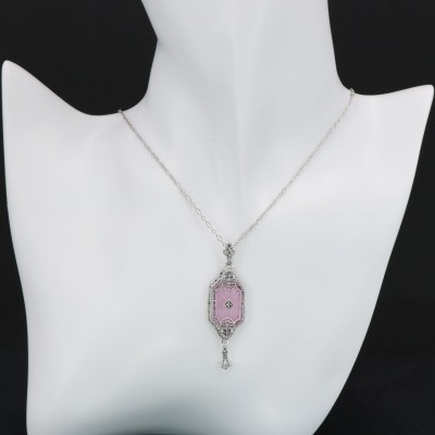 Art Deco Style Pink Sunray Crystal Dangle Filigree Pendant Diamond Accent Sterling Silver - FP-582-PINK