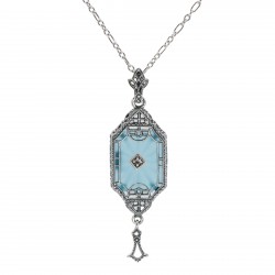 Art Deco Style Teal Sunray Crystal Dangle Filigree Pendant Diamond Accent Sterling Silver Art Deco Style Teal Sunray Crystal Dangle Filigree Pendant Diamond Accent Sterling Silver