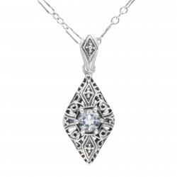 Victorian Style White Topaz Filigree Pendant with Chain - Sterling Silver