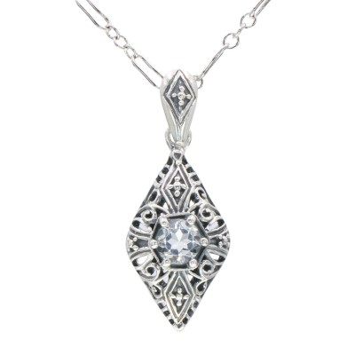 Victorian Style White Topaz Filigree Pendant with Chain - Sterling Silver - FP-110-WT