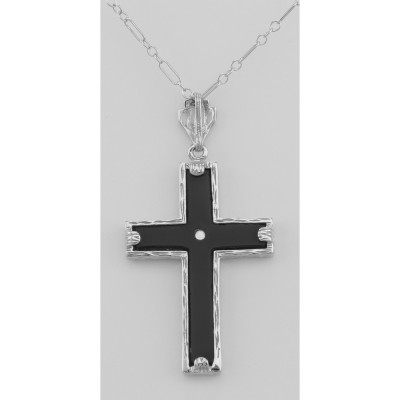 Beautiful Black Onyx Cross with Diamond Accent Center - Sterling Silver - FP-2-O