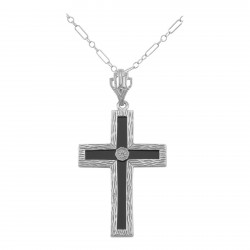 Beautiful Black Onyx Cross with Diamond Accent Center - Sterling Silver