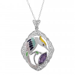 Filigree Enamel Bird Pendant w/ 3 Carat Amethyst - Sterling Silver