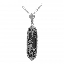 Art Deco Black Onyx Floral Filigree Pendant - Sterling Silver