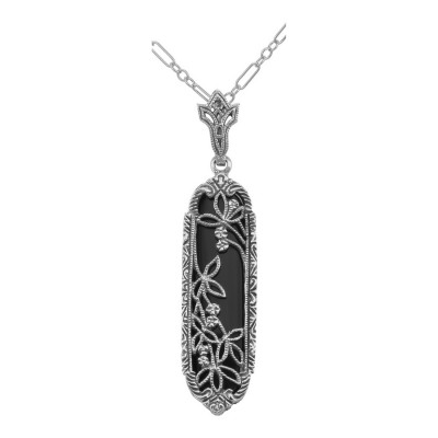 Art Deco Black Onyx Floral Filigree Pendant - Sterling Silver - FP-207