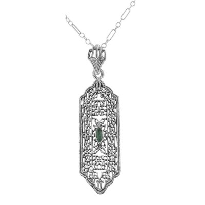 Art Deco Style  Emerald Pendant - Sterling Silver with Chain - FP-208-EM