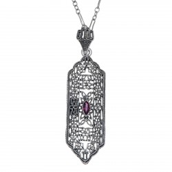 Art Deco Style Ruby Pendant - Sterling Silver with Chain