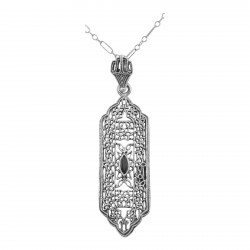 Art Deco Style Filigree Pendant w/ Blue Sapphire - Sterling Silver