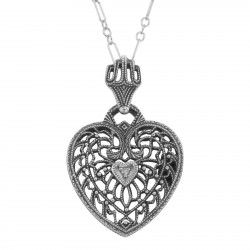 Classic Filigree Heart Pendant w/ Diamond and Chain - Sterling Silver