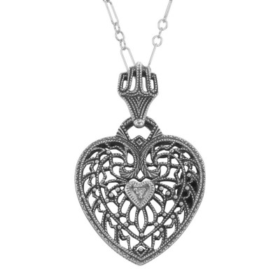 Classic Filigree Heart Pendant w/ Diamond and Chain - Sterling Silver - FP-21