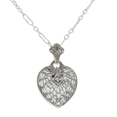 Classic Filigree Heart Pendant w/ Genuine Diamond Center  and Chain - Sterling Silver - FP-230