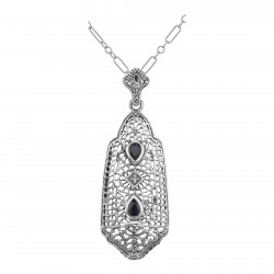 Art Deco Style Sapphire and Diamond Filigree Pendant - Sterling Silver