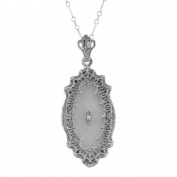 Victorian Style Camphor Glass Crystal Filigree Diamond Pendant Sterling Silver