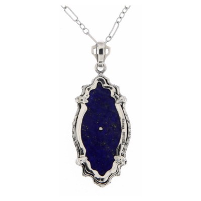 Victorian Style Lapis Lazuli Filigree Diamond Pendant with Chain Sterling Silver - FP-238-L