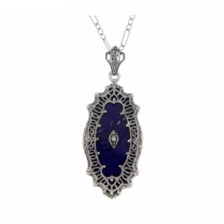 Victorian Style Lapis Lazuli Filigree Diamond Pendant with Chain Sterling Silver