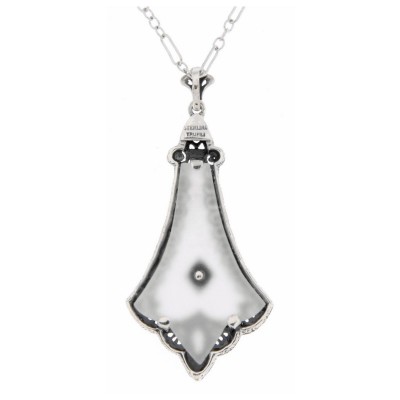 Frosted White Crystal Filigree Diamond Pendant Art Deco Style - Sterling Silver - FP-25-CR