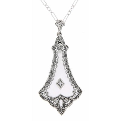 Frosted White Crystal Filigree Diamond Pendant Art Deco Style - Sterling Silver - FP-25-CR