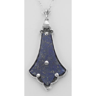 Victorian Blue Lapis Filigree Diamond Pendant - Sterling Silver - FP-25-L