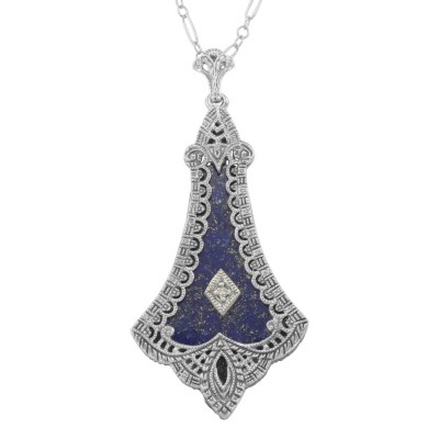 Victorian Blue Lapis Filigree Diamond Pendant - Sterling Silver - FP-25-L