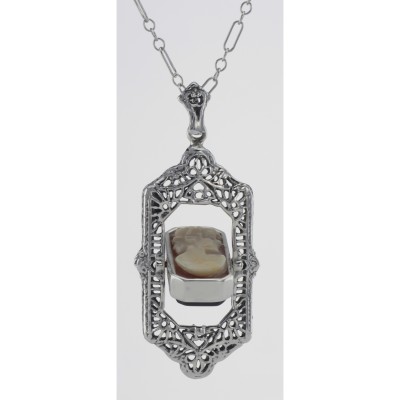 Italian Shell Cameo / Onyx Filigree Flip Pendant - Sterling Silver - FP-26-SH-O