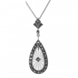 Art Deco Style Sunray Crystal and Marcasite Pendant - Sterling Silver