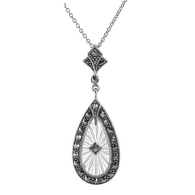 Art Deco Style Sunray Crystal and Marcasite Pendant - Sterling Silver - FP-2610