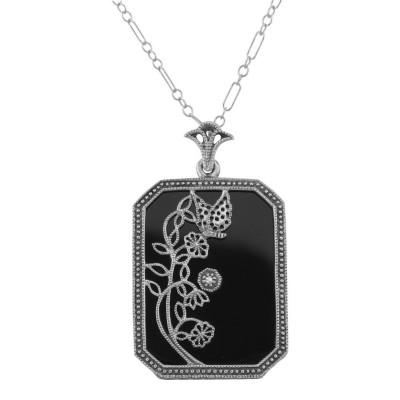 Art Deco Style Onyx / Diamond Pendant with Chain - Sterling Silver - FP-27-O