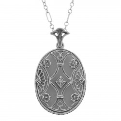 Art Deco Style Crystal Diamond Pendant with Chain - Sterling Silver