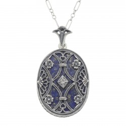 Blue Lapis Filigree Diamond Pendant with Chain - Sterling Silver