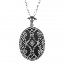 Black Onyx Filigree Diamond Pendant with Chain - Sterling Silver