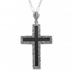 Black Onyx Cross Pendant with 18 Inch Chain - Sterling Silver