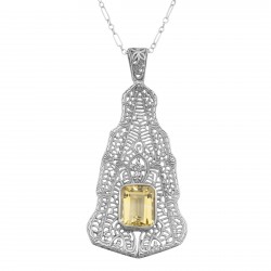 Victorian Style Golden Citrine Filigree Pendant w/ 18 Chain Sterling Silver