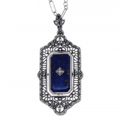 Victorian Black Onyx or Blue Lapis Diamond Flip Pendant Sterling Silver