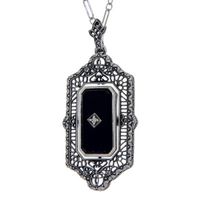 Victorian Style Black Onyx / Blue Lapis Diamond Flip Pendant with Chain Sterling Silver - FP-31-O-L