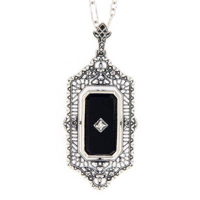 Italian Cameo / Black Onyx Diamond Flip Pendant with Chain Sterling Silver - FP-31-SH-O