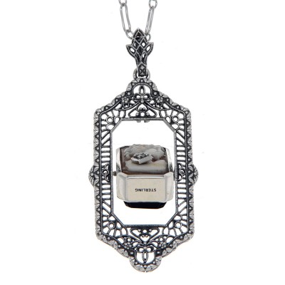 Italian Cameo / Black Onyx Diamond Flip Pendant with Chain Sterling Silver - FP-31-SH-O