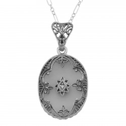 Antique Style Camphor Glass Crystal Filigree Diamond Pendant - Sterling Silver