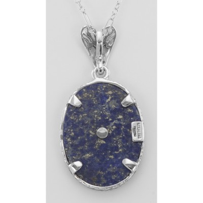 Antique Victorian Style Blue Lapis Filigree Diamond Pendant - Sterling Silver - FP-36-L